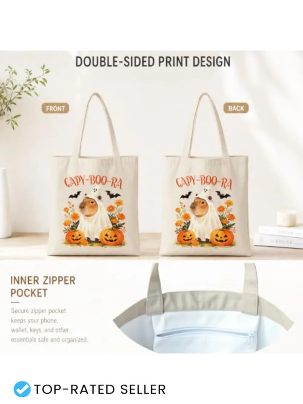 Canvas Tote Bag with Zipper Pocket Halloween Fall Pumpkin Design